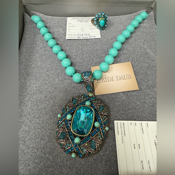 Lot Heidi Daus Teal Blue Crystal Enamel Enhancer Pendant Beaded Necklace & Ring - Picture 2 of 16